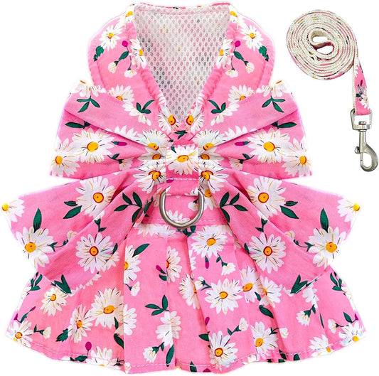 BAEJMJK dog dress harness leash set front view pink daisy floral princess outfit