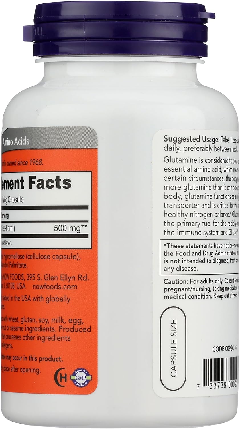 Side angle view of NOW Foods L-Glutamine 500mg packaging highlighting the vegetarian and non-GMO certification seals.