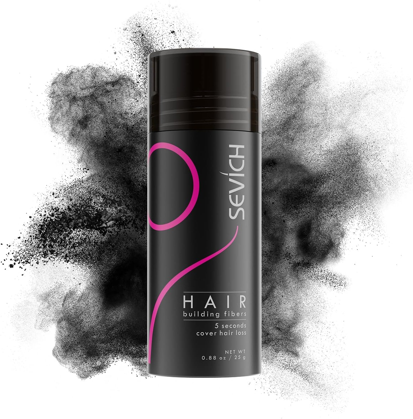 SEVICH Hair Building Fibers 25g Black bottle front view showing brand logo.