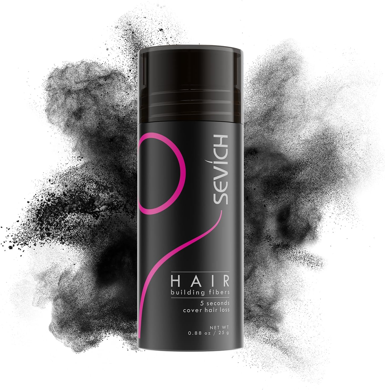 SEVICH Hair Building Fibers 25g Black bottle front view showing brand logo.