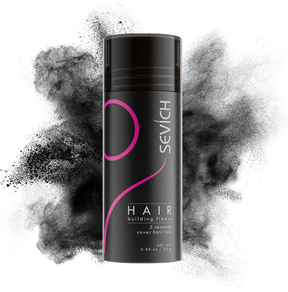 SEVICH Hair Building Fibers 25g Black bottle front view showing brand logo.