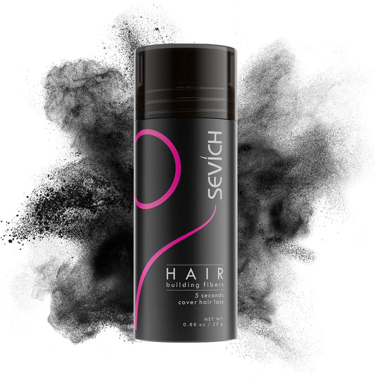 SEVICH Hair Building Fibers 25g Black bottle front view showing brand logo.