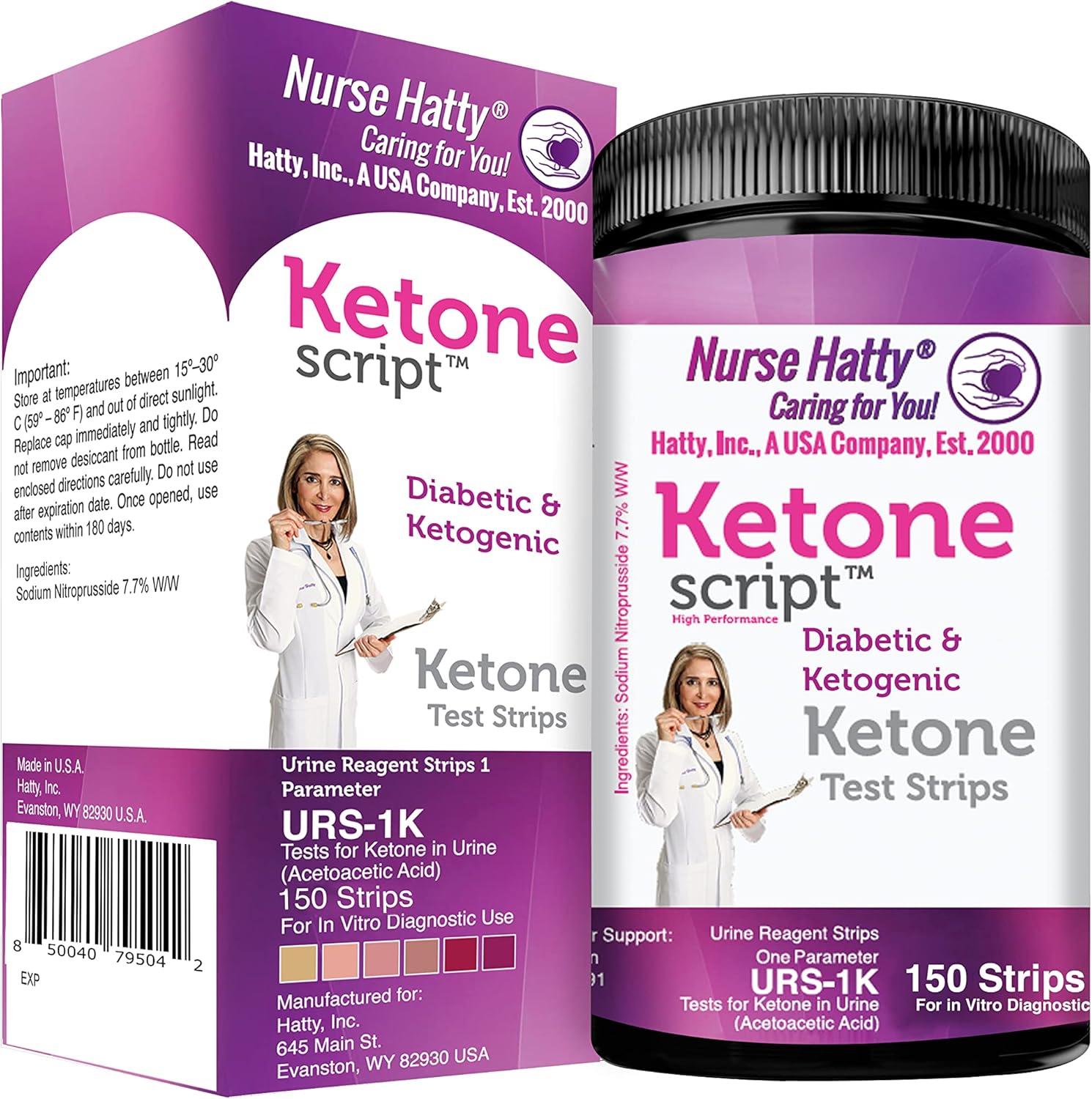 Nurse Hatty Diabetic and Ketogenic Urine Test Strips front view 150 count bottle for ketosis tracking.