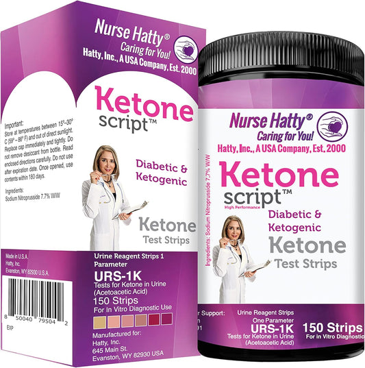 Nurse Hatty Diabetic and Ketogenic Urine Test Strips front view 150 count bottle for ketosis tracking.