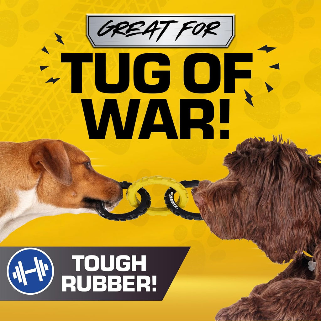 Tonka 10.5 inch three ring pet toy in distinct high-visibility black and yellow colors.
