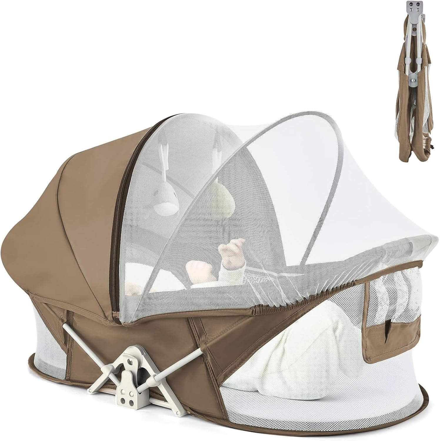 ISELECTOR portable baby bassinet front view open with mosquito net attached