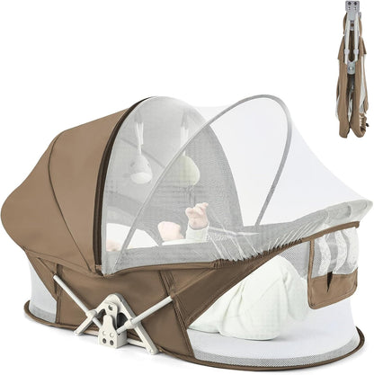 ISELECTOR portable baby bassinet front view open with mosquito net attached