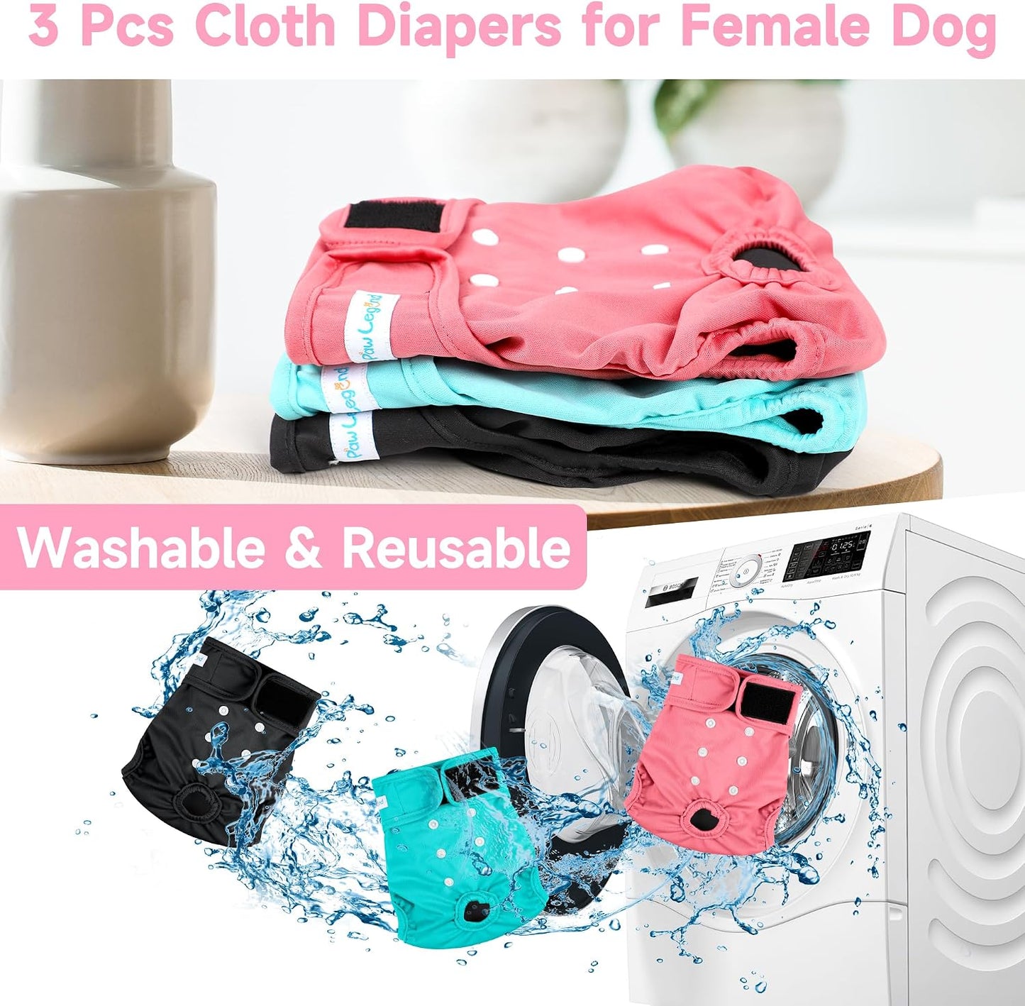 Paw Legend washable puppy period diapers in black blue and pink