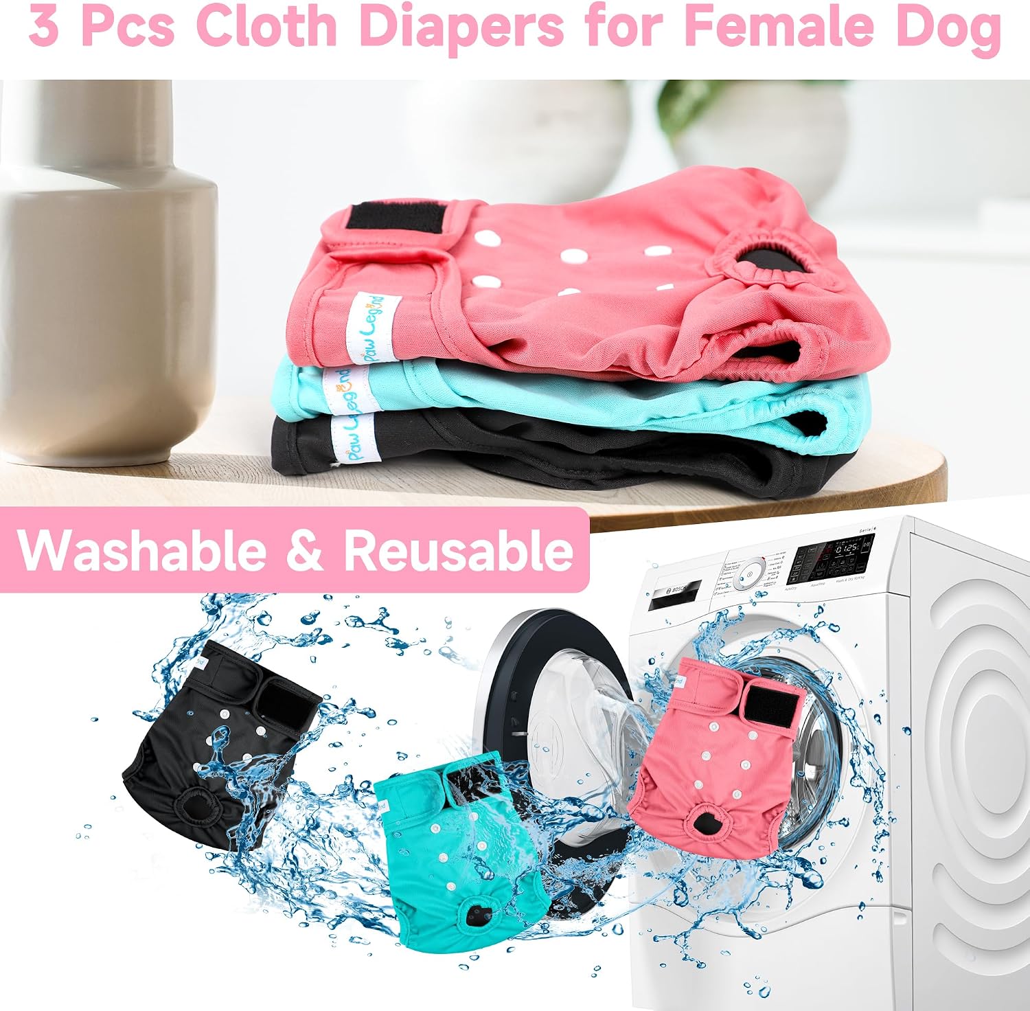 Paw Legend washable puppy period diapers in black blue and pink
