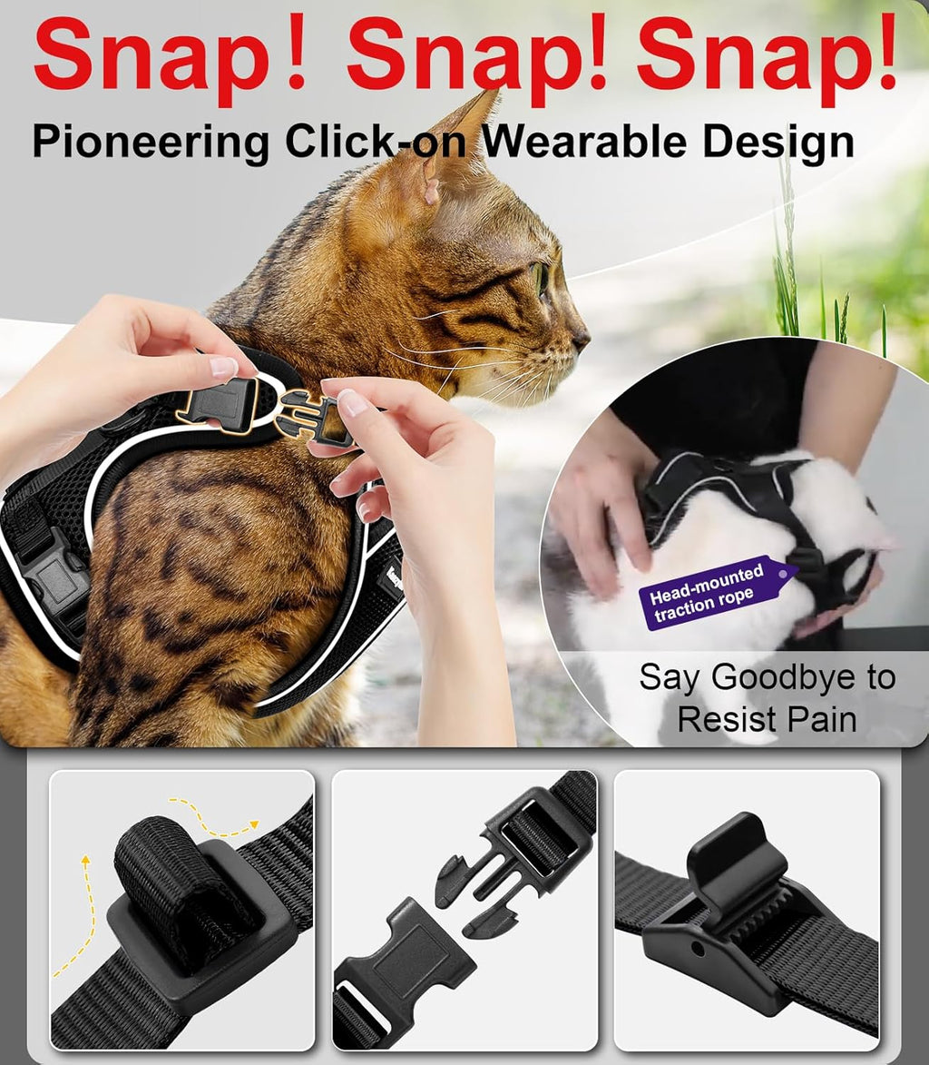 Reflective strip details on a black escape proof cat harness.