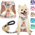 BEAUTYZOO small dog harness and leash set front view in beige plaid pattern