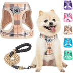 BEAUTYZOO small dog harness and leash set front view in beige plaid pattern