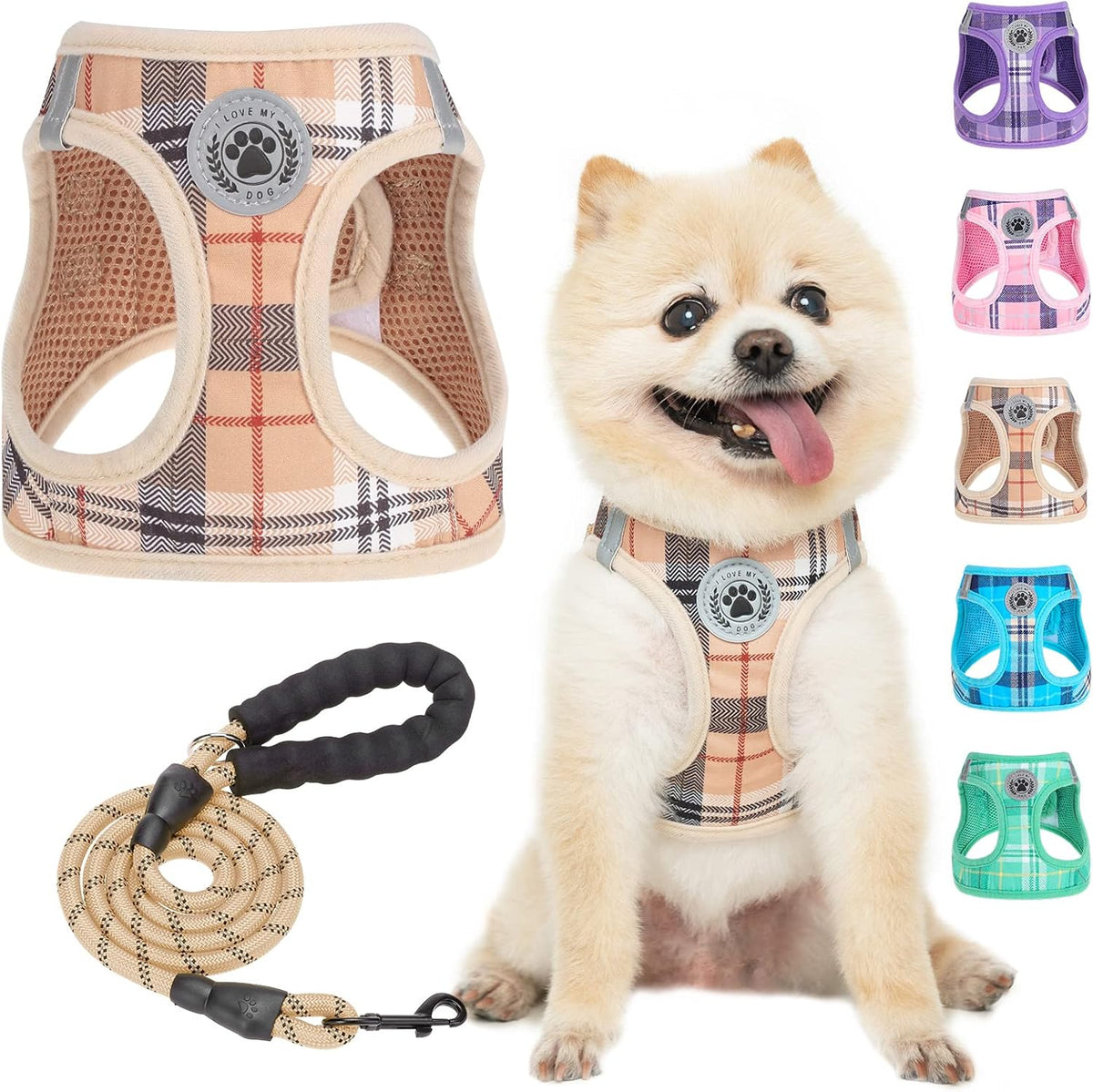 BEAUTYZOO small dog harness and leash set front view in beige plaid pattern