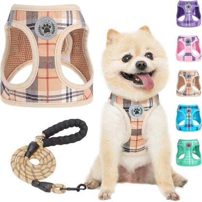 BEAUTYZOO small dog harness and leash set front view in beige plaid pattern