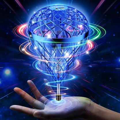 Flystars AI Flying Orb Ball Toy front view showing blue protective cage and LED lights