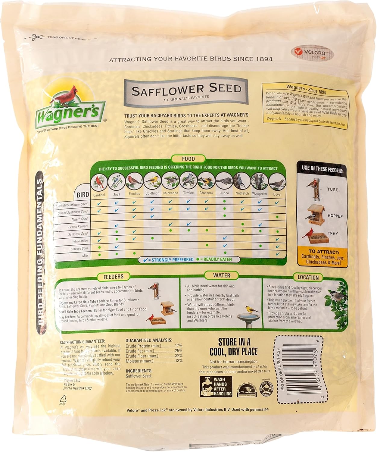 Wagners 57075 Safflower Seed bag detail showing premium ingredients
