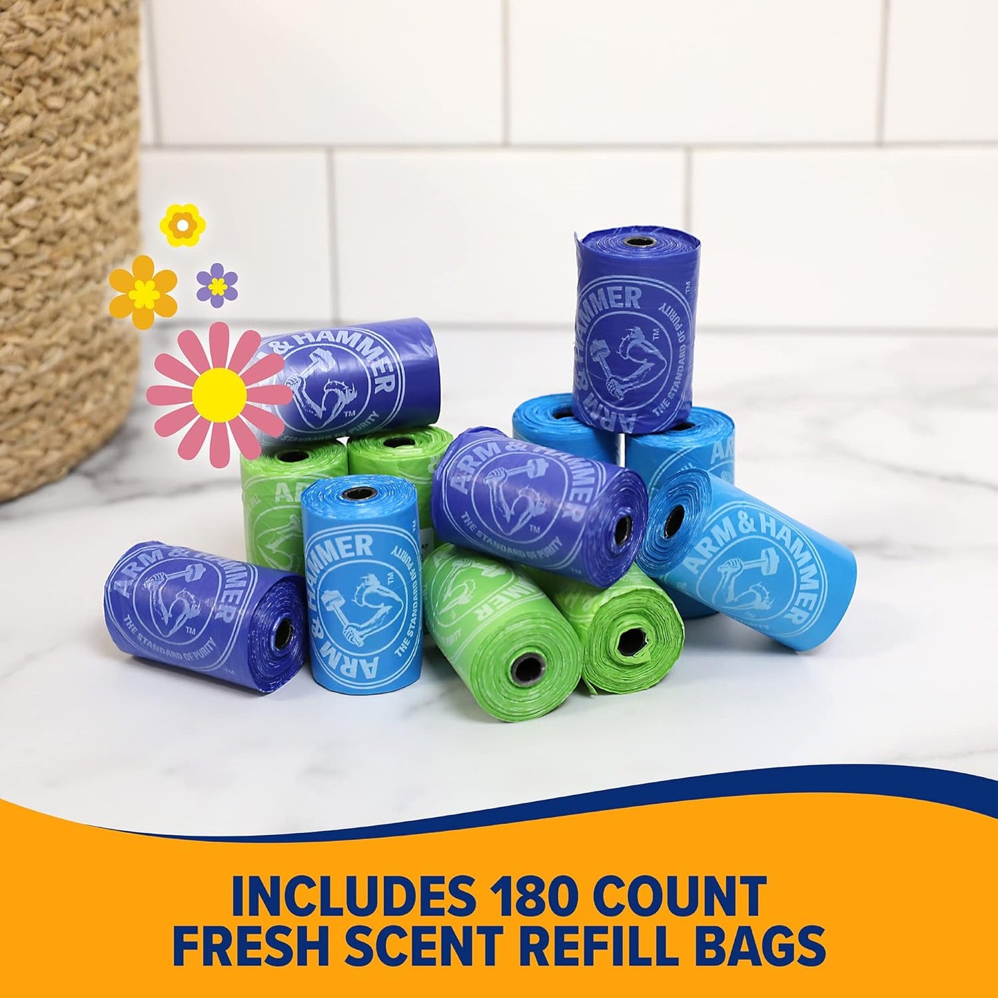 Arm and Hammer dog poop bags showing the easy tear perforated seam.