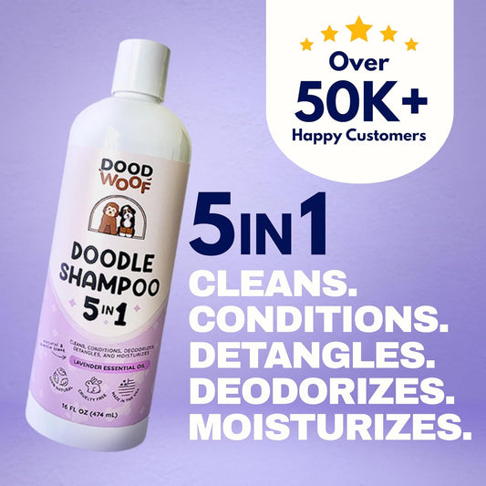 All natural 5 in 1 pet shampoo being applied to a Goldendoodle coat during bath time.
