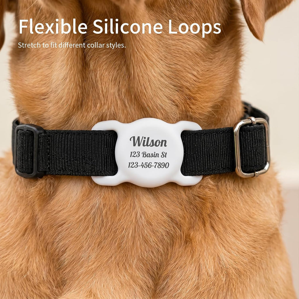 Water resistant and washable personalized pet safety accessory close up view.
