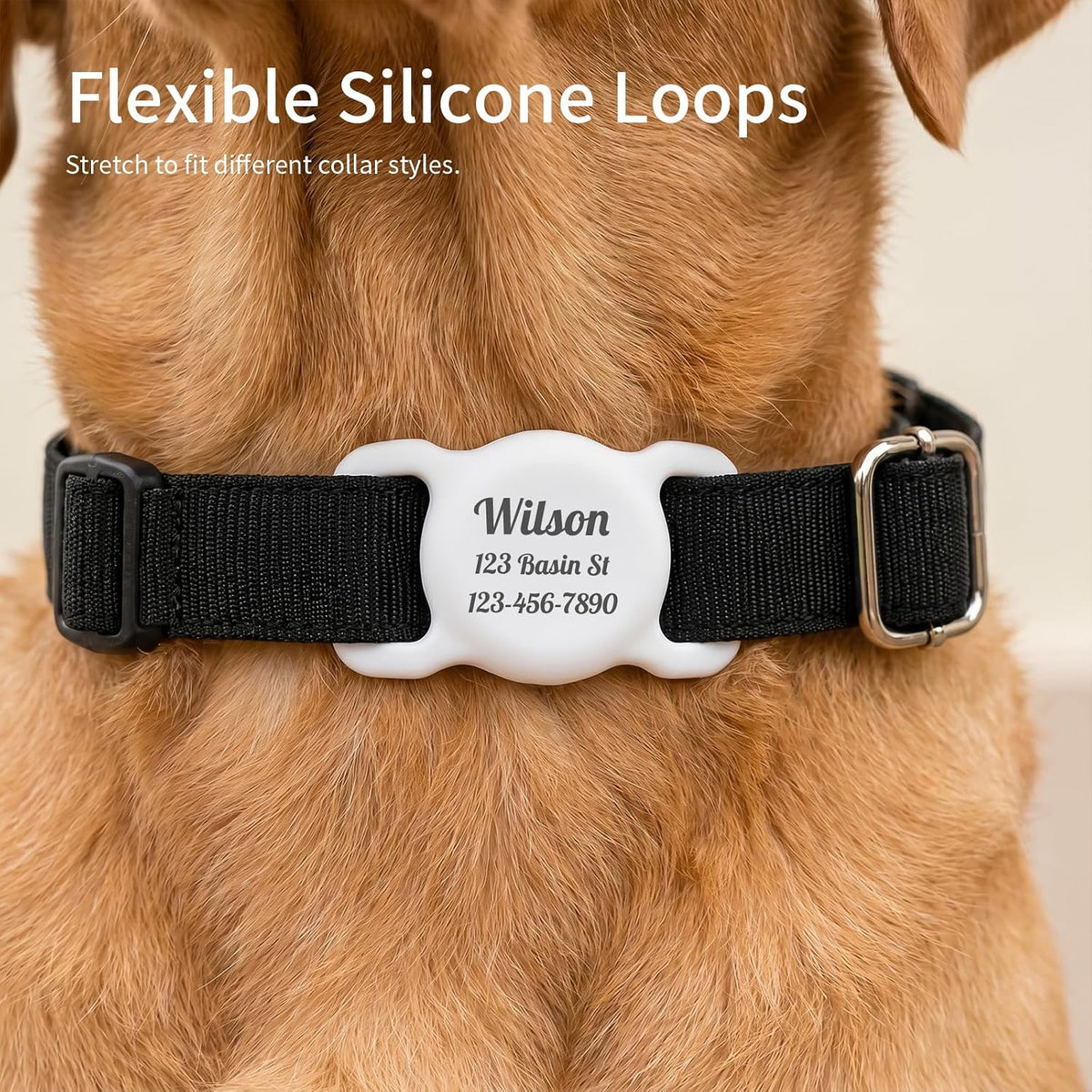 Water resistant and washable personalized pet safety accessory close up view.