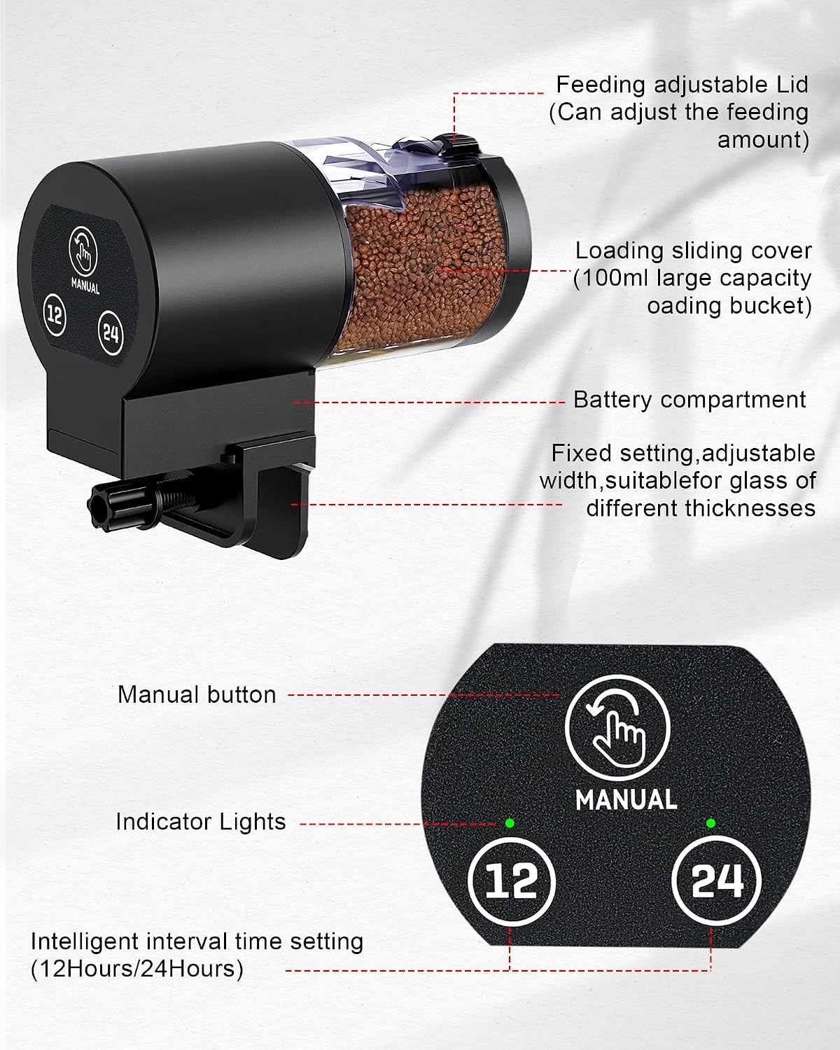 Side view of black automatic fish feeder installed on tank