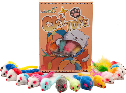 Assorted colorful interactive furry rattle mice for indoor kittens.