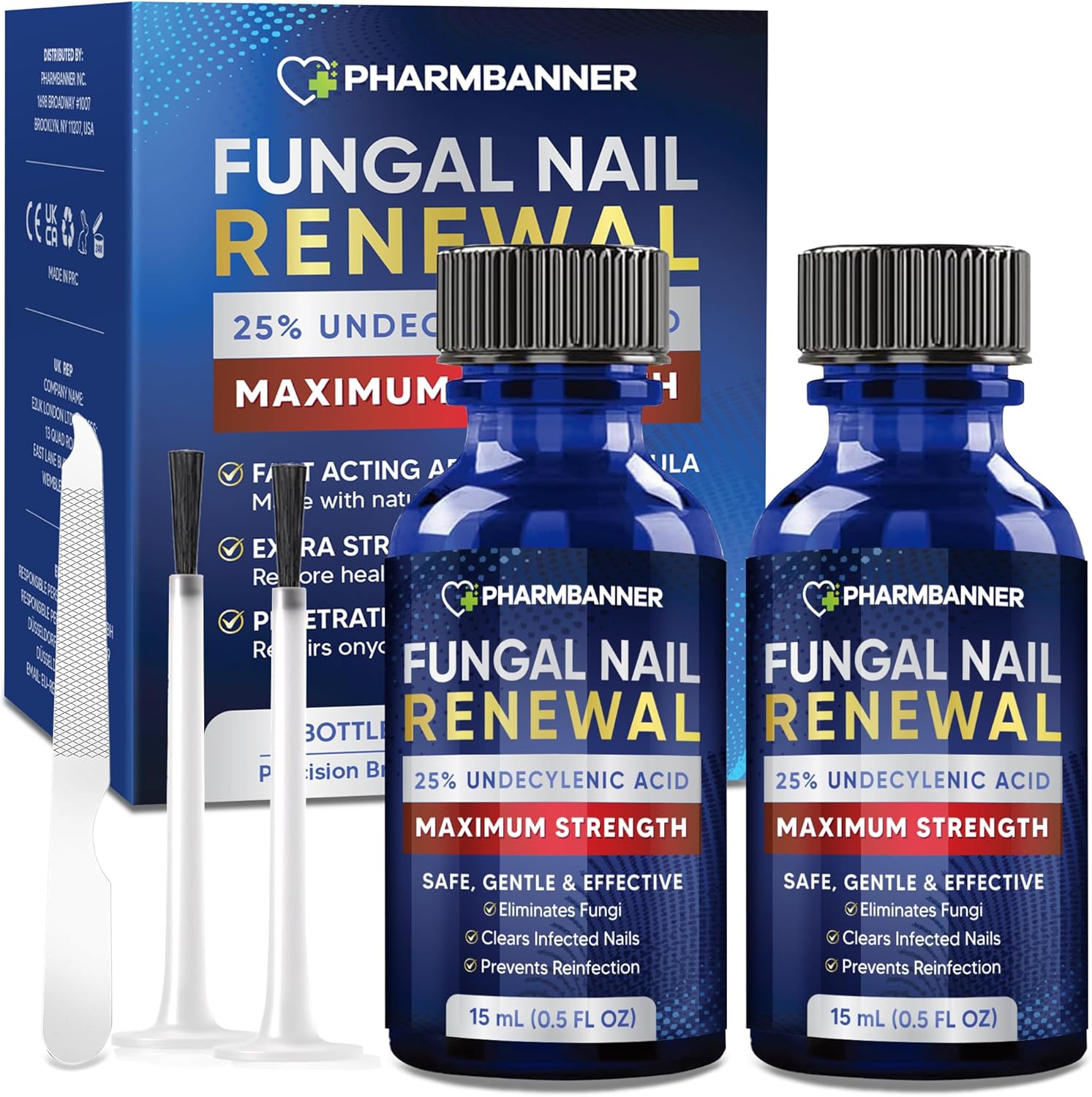 Pharmbanner Toenail Fungus Treatment Extra Strength 15 milliliter bottle front view showcasing twenty-five percent undecylenic acid formulation.