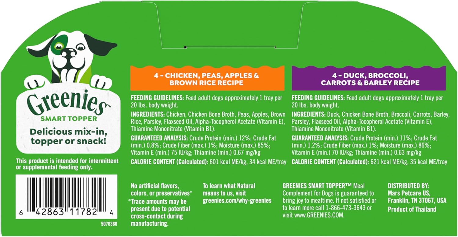 Greenies dog food topper eight count packaging showcasing premium meat and whole grain recipes