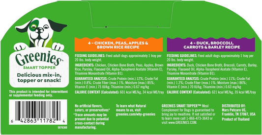 Greenies dog food topper eight count packaging showcasing premium meat and whole grain recipes