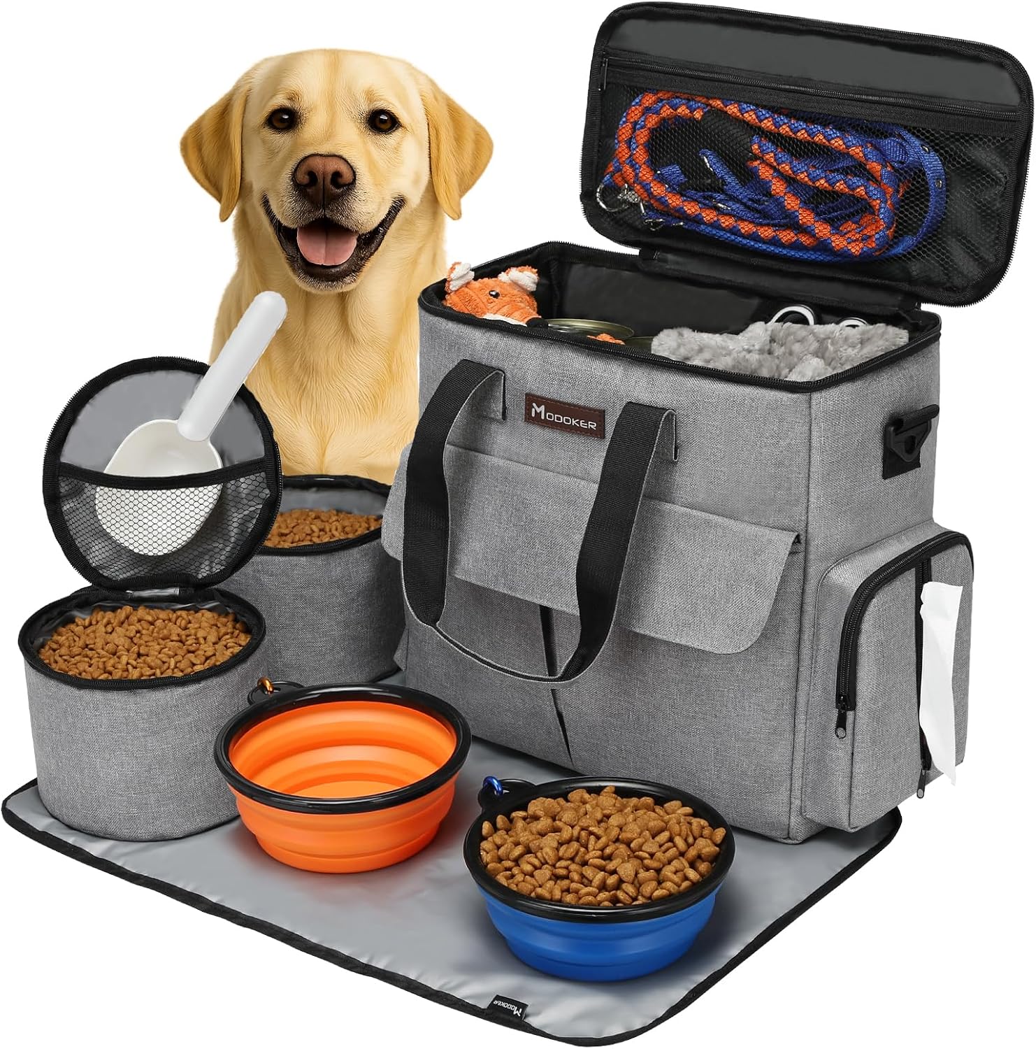 Dog Travel Bag by Modoker - Dog Travel Kit for a Weekend Away Set Includes Pet Travel Bag Organizer for Accessories, 2 Collapsible Bowls, 2 Travel Food Container (Black) - Image 9