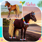 Side view of festive horse wearing Hawaiian hula kit