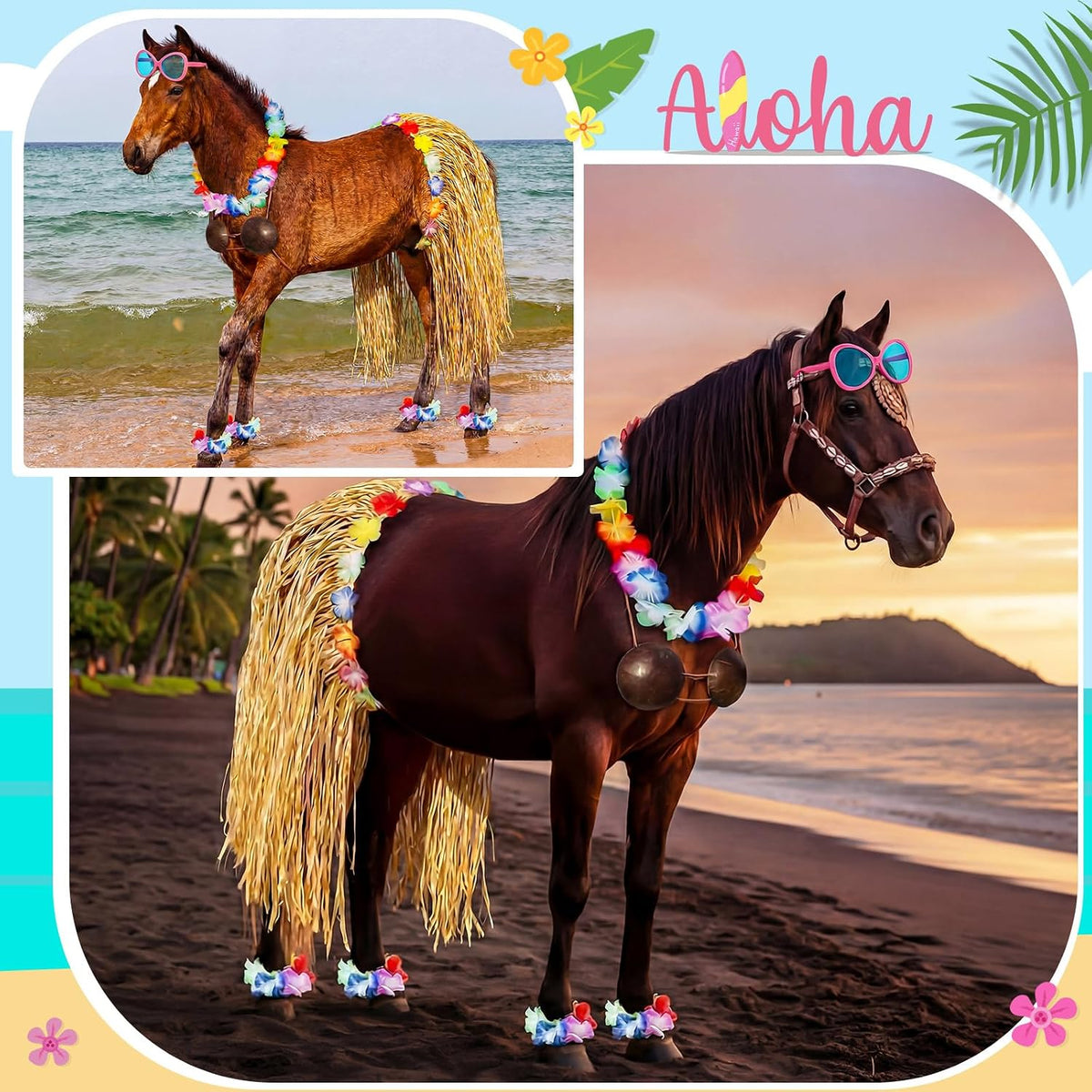 Side view of festive horse wearing Hawaiian hula kit
