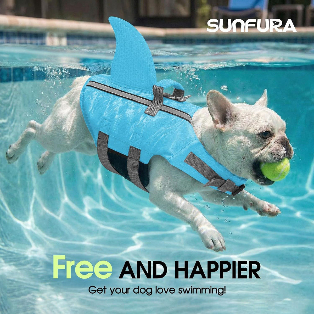 Adjustable dog swimming vest with high buoyancy shark fin design on a pet.