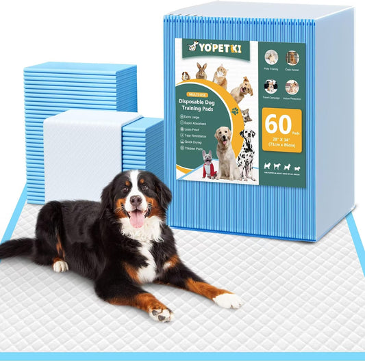 YOPETKI Extra Large Dog Pee Pads sixty count pack front view displaying product features.