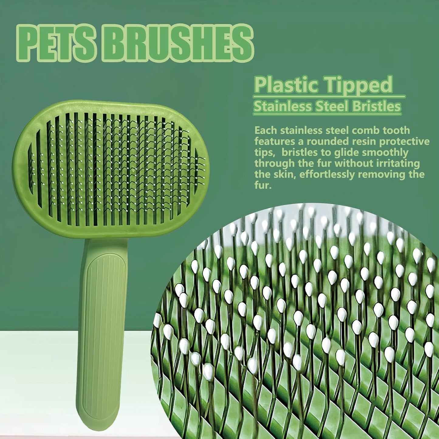 Green plastic pet brush with stainless steel pins