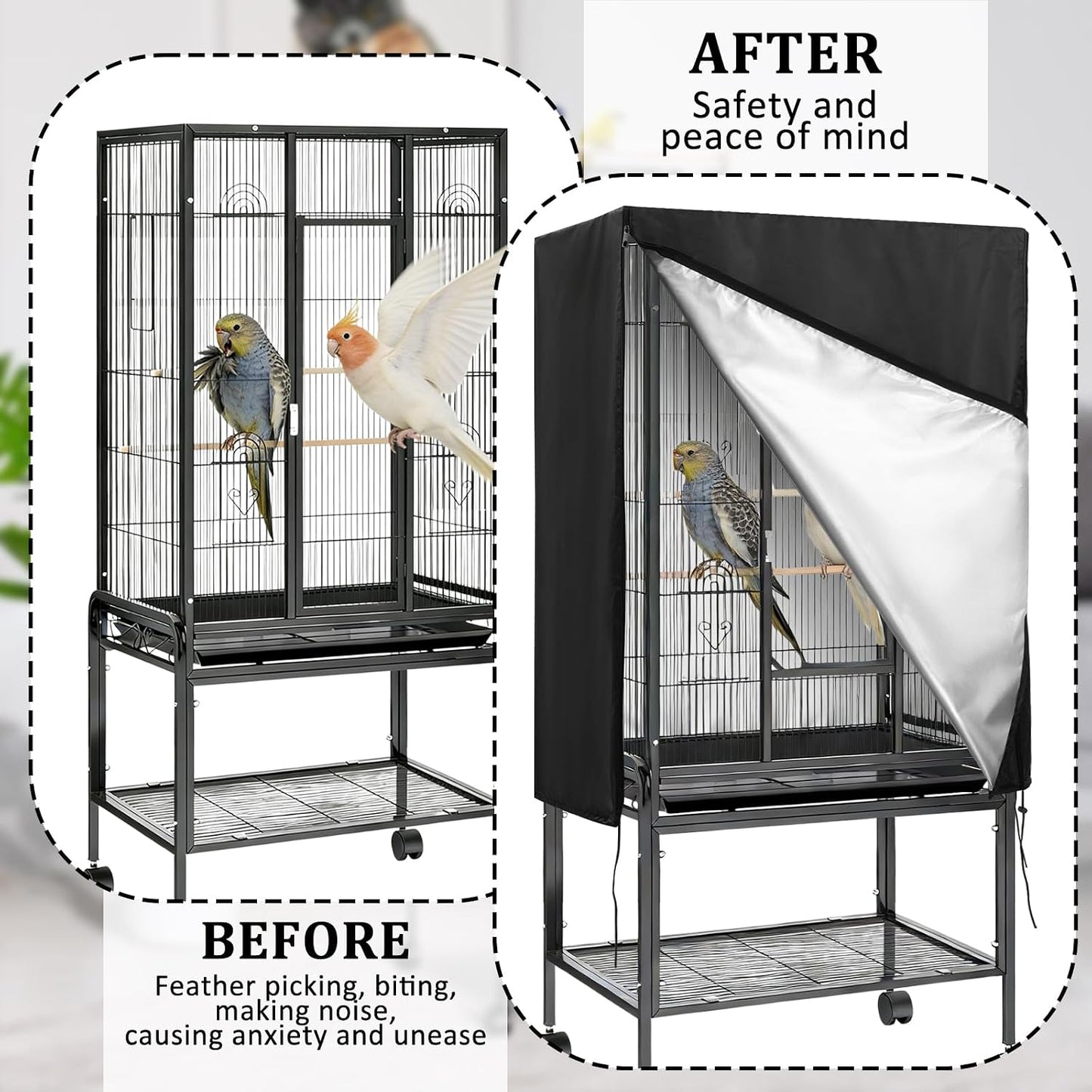 Waterproof travel bird cage cover folded inside its compact black drawstring storage bag