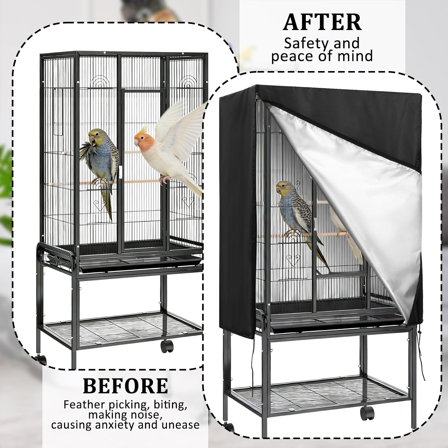 Waterproof travel bird cage cover folded inside its compact black drawstring storage bag