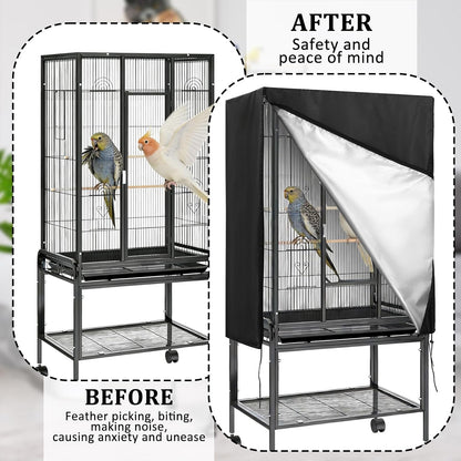 Waterproof travel bird cage cover folded inside its compact black drawstring storage bag