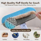 Person using long handle pet hair remover on bed
