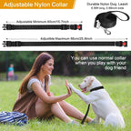 Dog training collar with quick release snap buckle and secure metal D ring attachment.