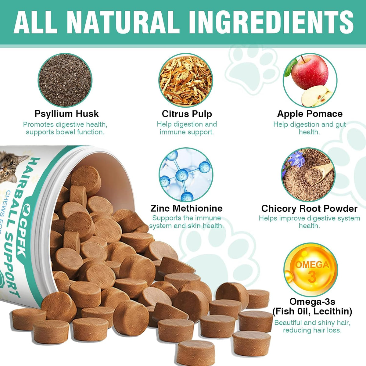 Natural cat furball relief chews with psyllium husk and apple pomace packaging