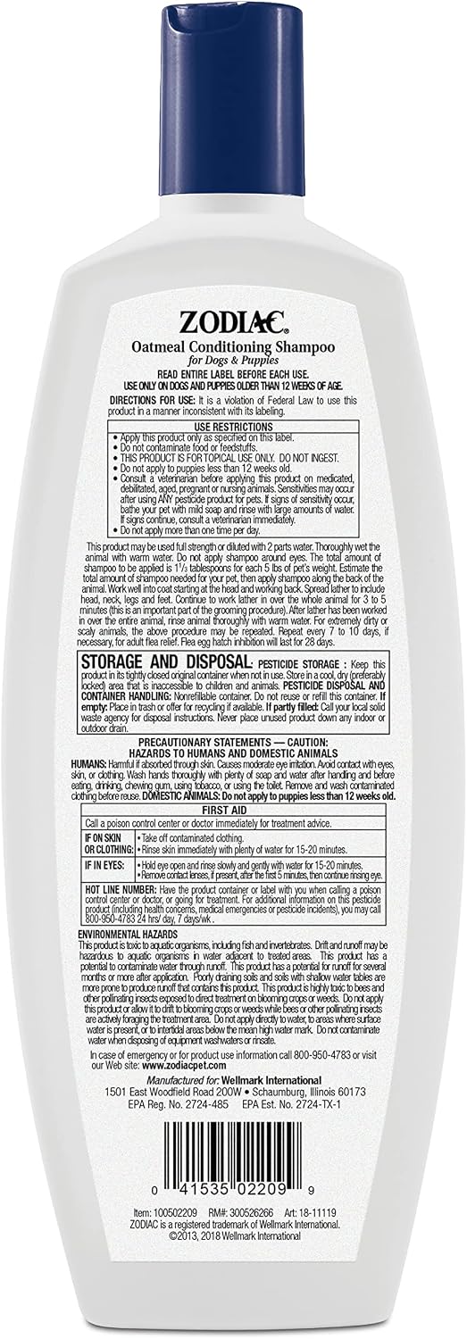 18 fluid ounce bottle of Zodiac flea and tick shampoo