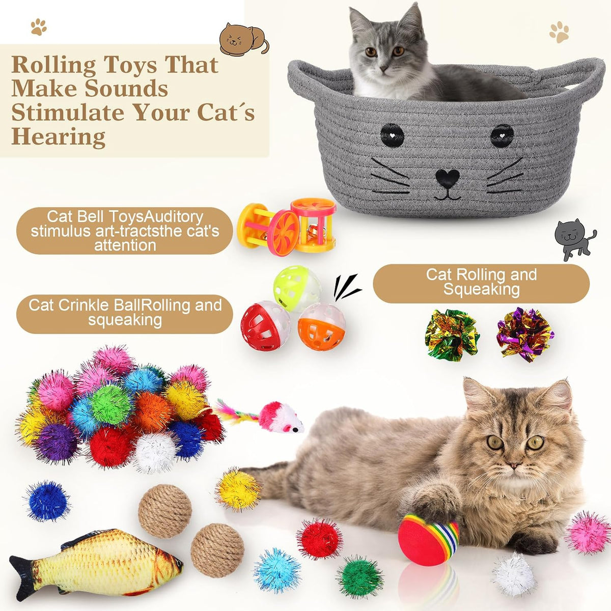 Close up of plush mice and bell balls included in the Zopeal imported pet play set