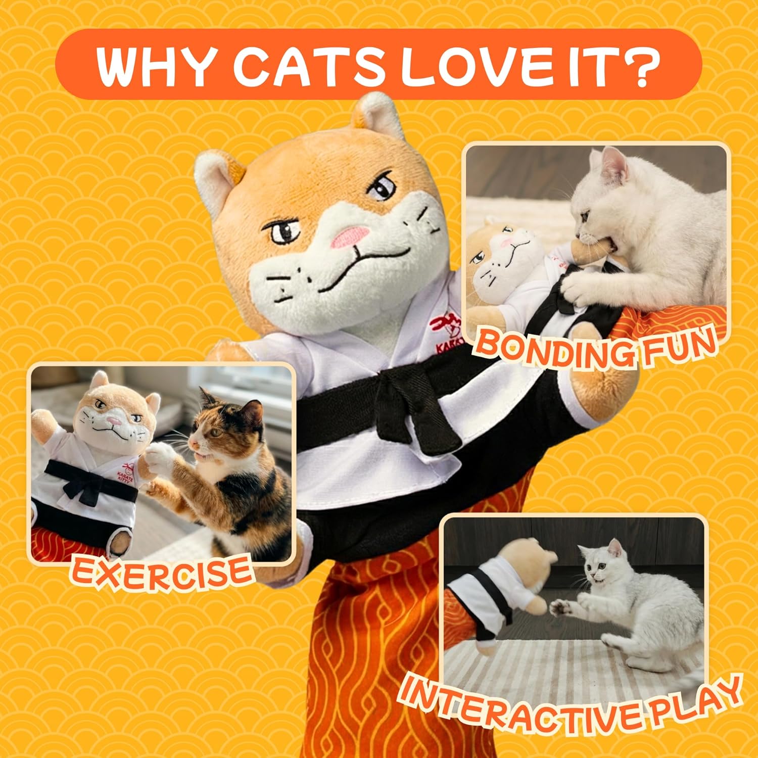 Indoor cat interacting with the plush wrestling glove and crinkle ears.