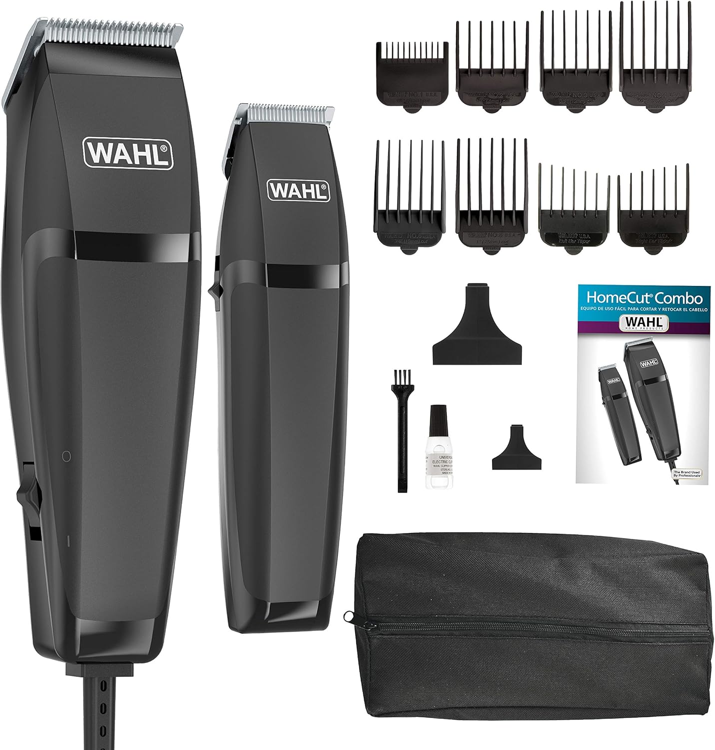 Wahl Combo Pro 14 piece styling kit front view showing chrome clipper and detail trimmer.