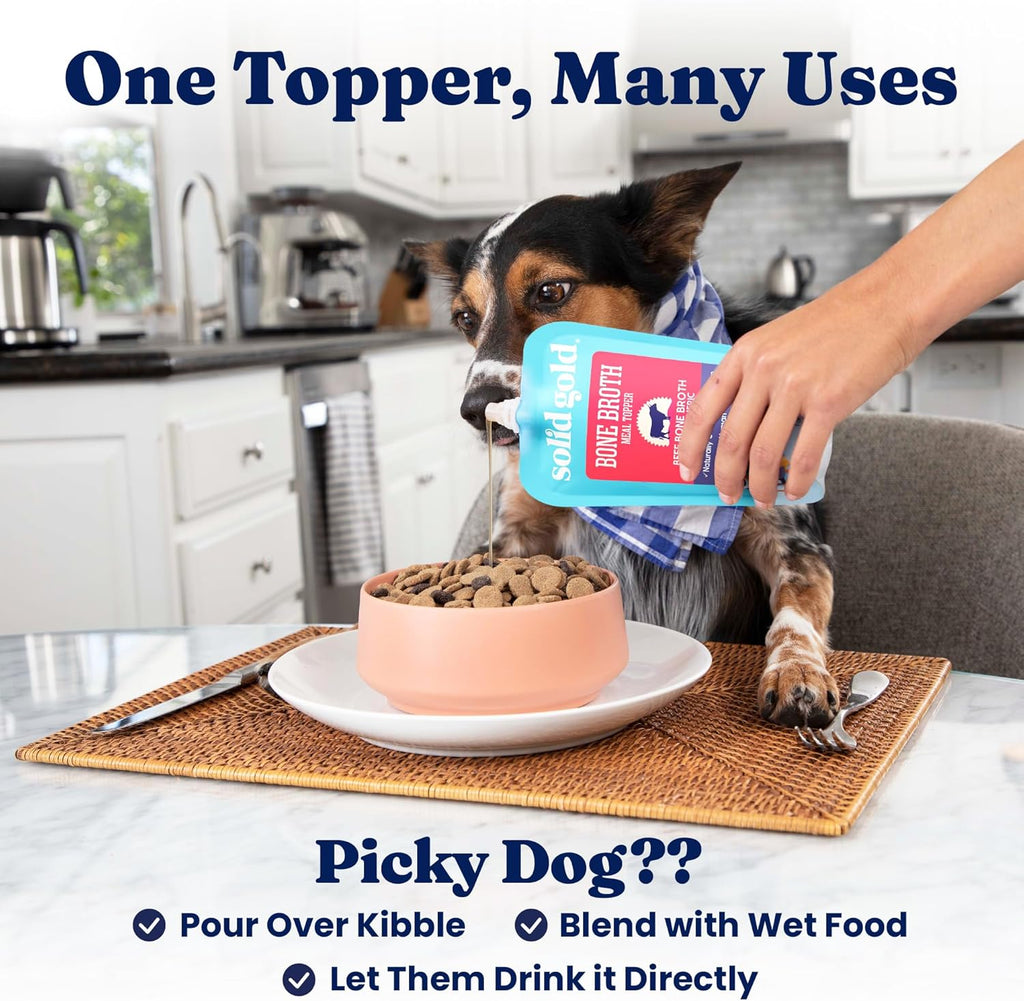 Solid Gold pet hydration booster liquid poured on dry kibble