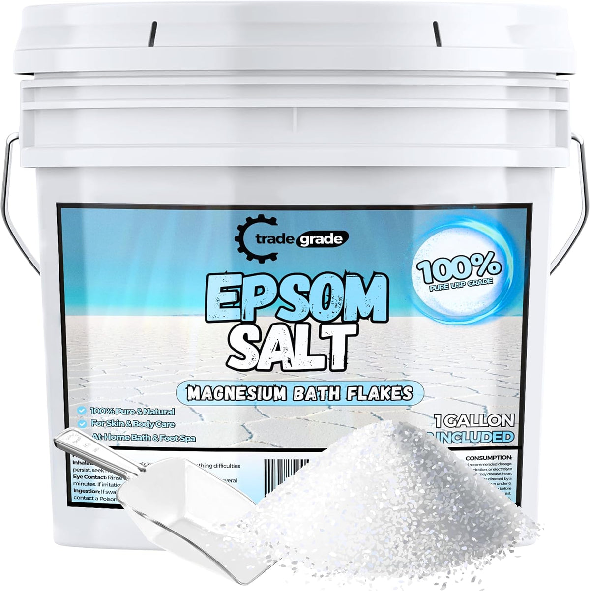 Trade Grade Epsom Salt front view of 1 gallon bucket packaging