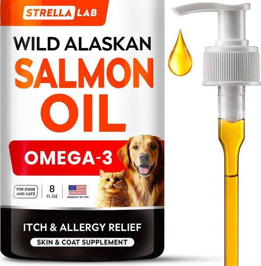 StrellaLab Salmon Oil liquid pet supplement front view for skin and coat care.