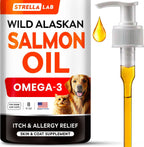 STRELLALAB salmon oil pet supplement front view showing packaging and dispensing pump.