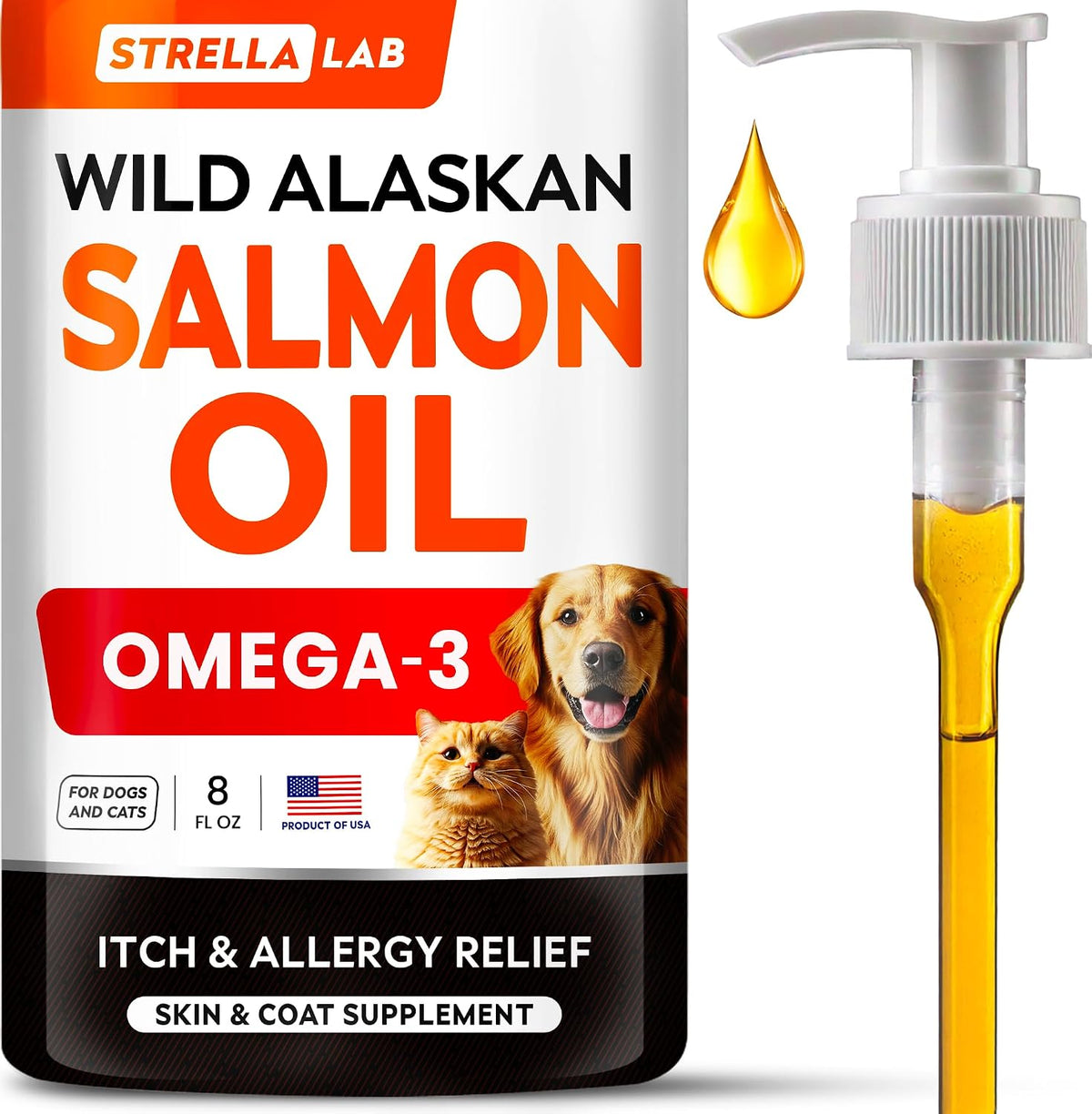 StrellaLab Salmon Oil liquid pet supplement front view bottle with pump dispenser.
